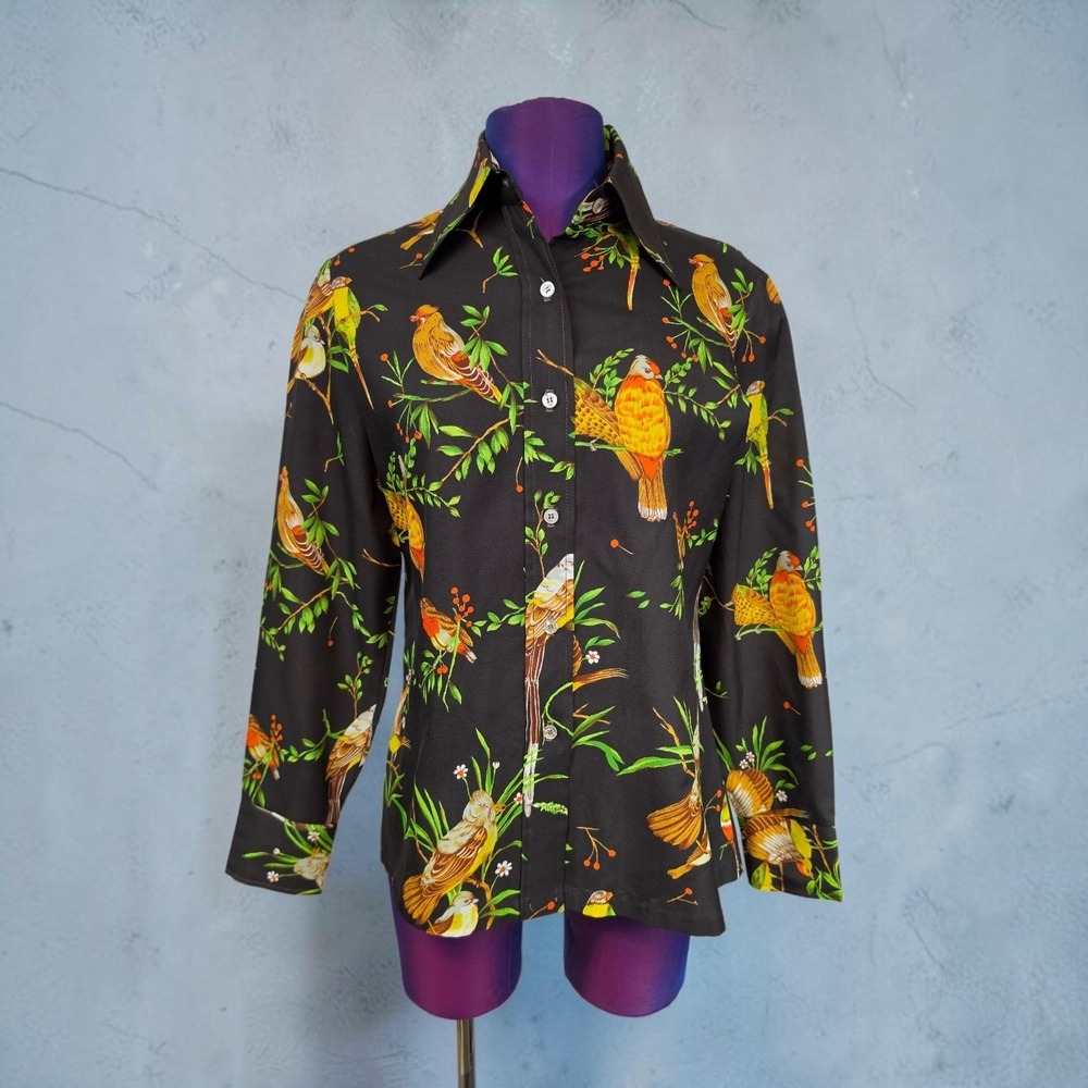 70s Vintage Two East Bird Print Dagger Collar Button Down Shirt Black Size 11/12